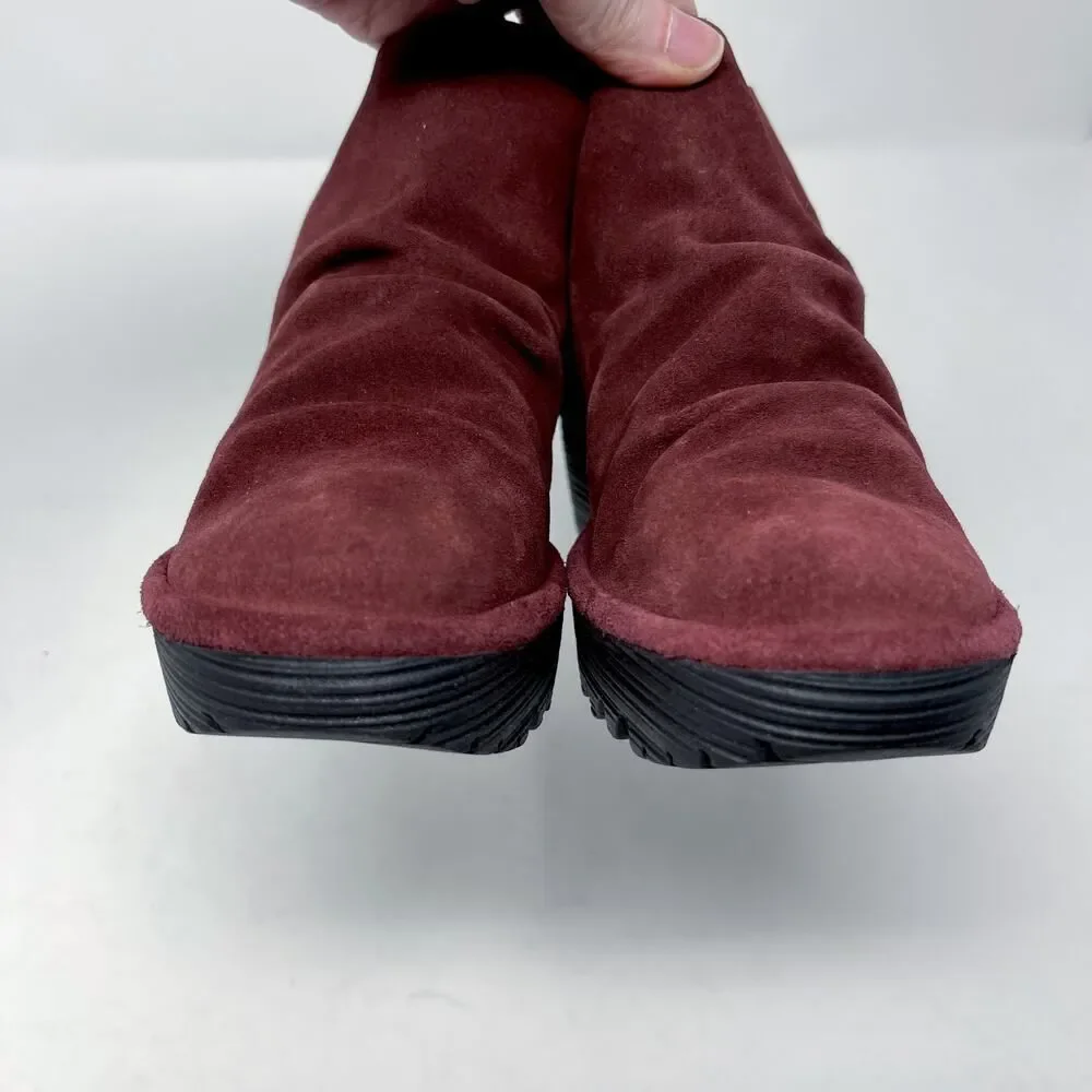 Fly London Women's NEW Yebi Wine Suede Ruched Ankle Booties EU 36 US 5.5 Wedge